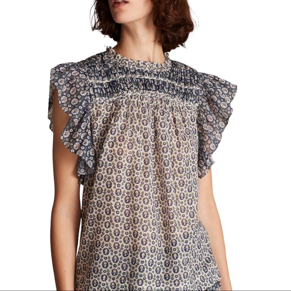 Rebecca Taylor La Vie Anthropologie Petula M Blue Metallic Floral Flutter Sleeve